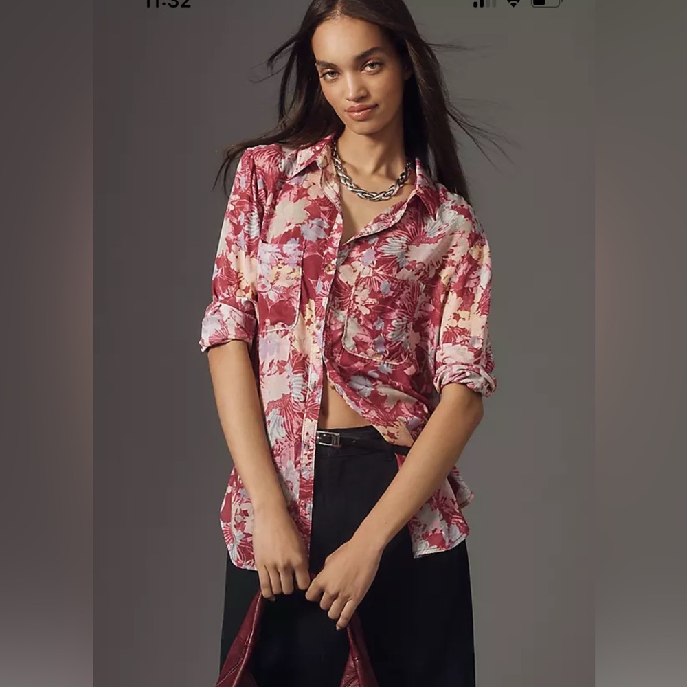 Anthropologie Rose and Cream Floral Button-Down Shirt